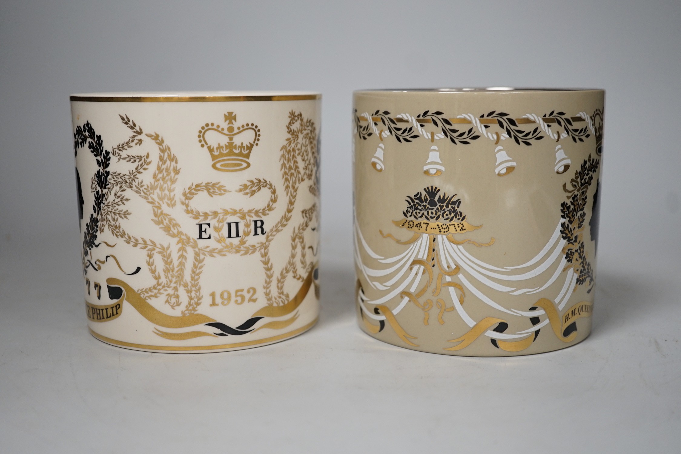 Richard Guyatt for Wedgwood. Two Royal commemorative mugs. Tallest 10.5cm
